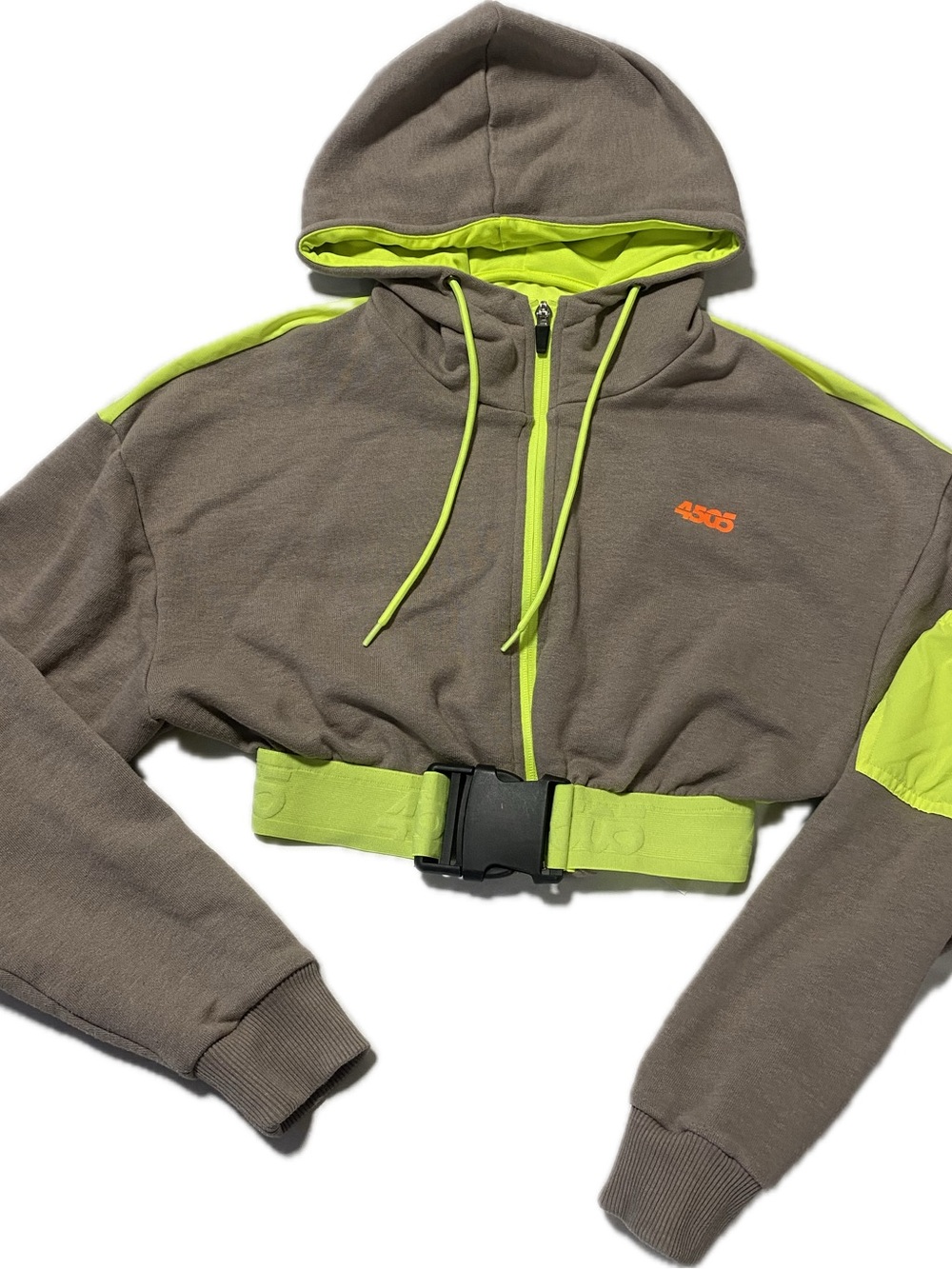 ASOS Olive Green Cropped Hoodie with Neon Yellow Trim